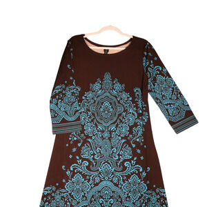 NEW Mt Collection Dress Womens Large Brown Teal Boho Hippie Stretch Slinky